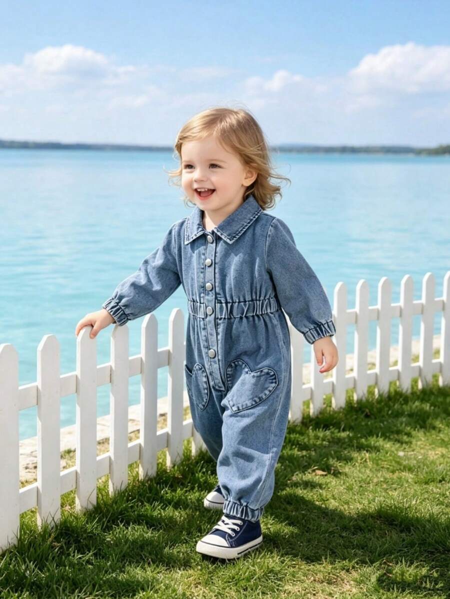 1pc Baby Girl Casual Heart Pocket Decor Elastic Cuff & Hem Romper, Autumn - Blue - View 1