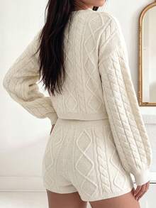 Women's 2 Pieces Knit Set, Round Neck Cropped Long Sleeve Front Button Cardigan + Low Waist Shorts, Solid Color Cable Knit, Soft Knit Autumn Daily Casual Outfit - Off White - View 5