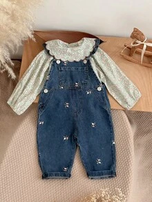 Baby Floral Embroidered Denim Adjustable Shoulder Strap Overalls, Loose Rolled Hem Long Pants For Boys And Girls - Navy Blue - View 10