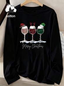 Women's Black Long-Sleeve Crew-Neck T-Shirt Featuring A Christmas-Themed Graphic And Lettering Print-Suitable For Autumn And Winter Wear. - Black - View 2
