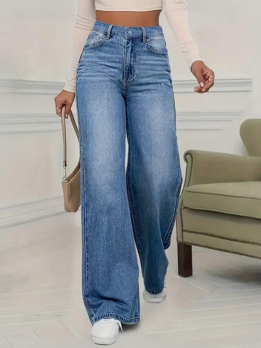 Teen Girls Light Blue Casual Daily Travel Washed Straight Leg Wide Leg Loose Fit Jeans With Pockets And Buttons - Light Wash - View 1