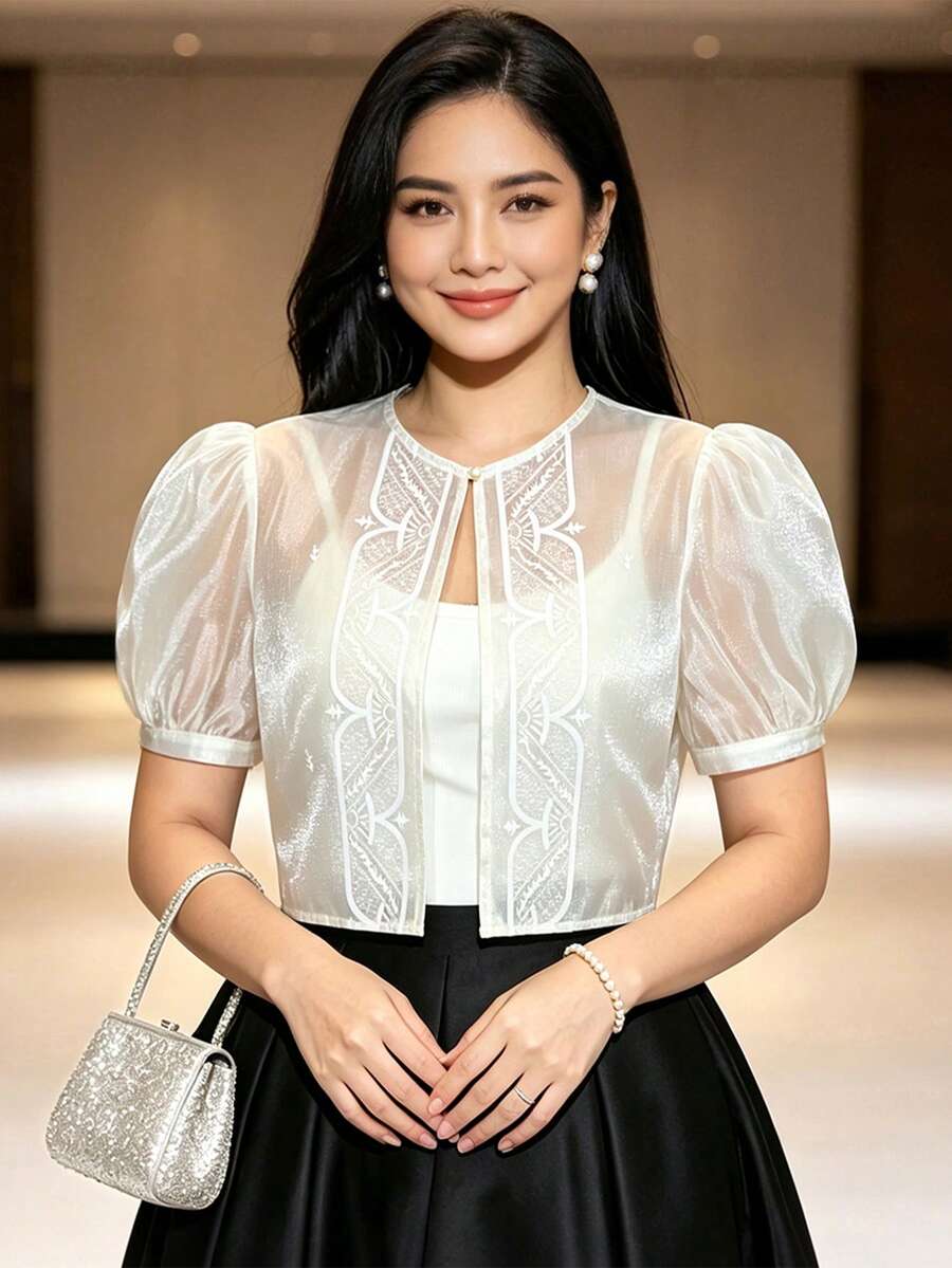 Amyenjoylife Modern Filipiniana Top 1pc Button-Up Short Sleeve Cardigan Blouse For Women, Holiday, Vacation, Daily, Dating, Spring/Summer - Apricot - View 1