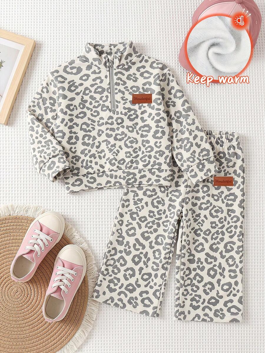 2pcs/Set Baby Girl Autumn Letter Patch Leopard Print Brushed Long Sleeve Stand Collar Sweatshirt Grey Elastic Wide Leg Pants Set Children Half-Zip Top Spring Fashion Streetwear - Light Grey - View 1