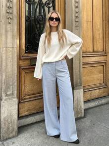 Women's Low Waist Vertical Striped Wide Leg Pants, Casual Woven Loose Fit With Pockets Long Pants - Baby Blue - View 7
