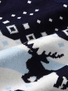 Young Boy Crew Neck Geometric Jacquard Pattern Christmas Reindeer Pullover Sweater - Navy Blue - View 7