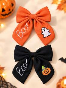2pcs Halloween Bow Hair Clip Set, Ghost Pumpkin Boo Embroidery, Cute Hair Clips For Girls, Party & Daily Hair Accessories - Multicolor - View 2