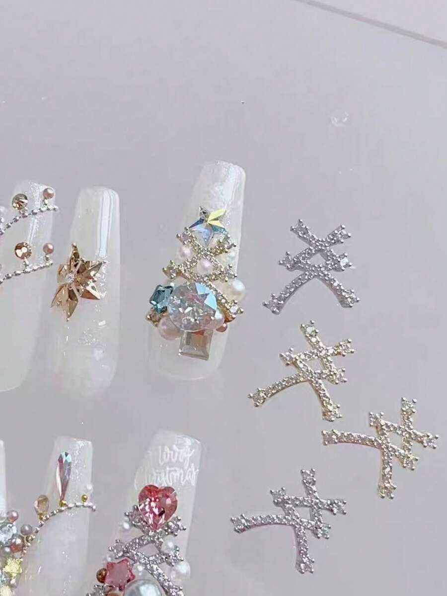 2pcs Christmas Themed Metal Nail Art Accessories, Gold & Silver Color Options, Shiny Rhinestones & Pearl Decor, DIY Christmas Tree Decoration For Gorgeous Holiday Style Nails - Multicolor - View 1