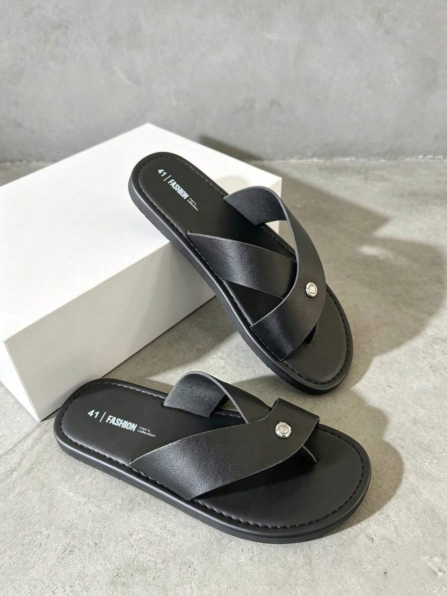Men's Minimalist Metal Rivet Cross Strap Thong Sandals, Matte PU Upper, Non-Slip Wear-Resistant Rubber Flat Sole, Suitable For Home, Shopping, Beach, Daily Commute, Casual Slippers - Black - View 1