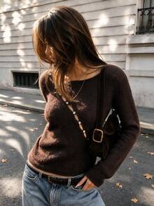 Sookaug Women's Autumn/Winter Coffee Color Off-Shoulder Asymmetric Button Knit Sweater, Versatile Elegant Elegant Long Sleeve Pullover, 2026 New Arrival, Off-Shoulder Knit Sweater, Asymmetric Button Design, Autumn Long Sleeve Regular Fit Pullover - Brown - View 8