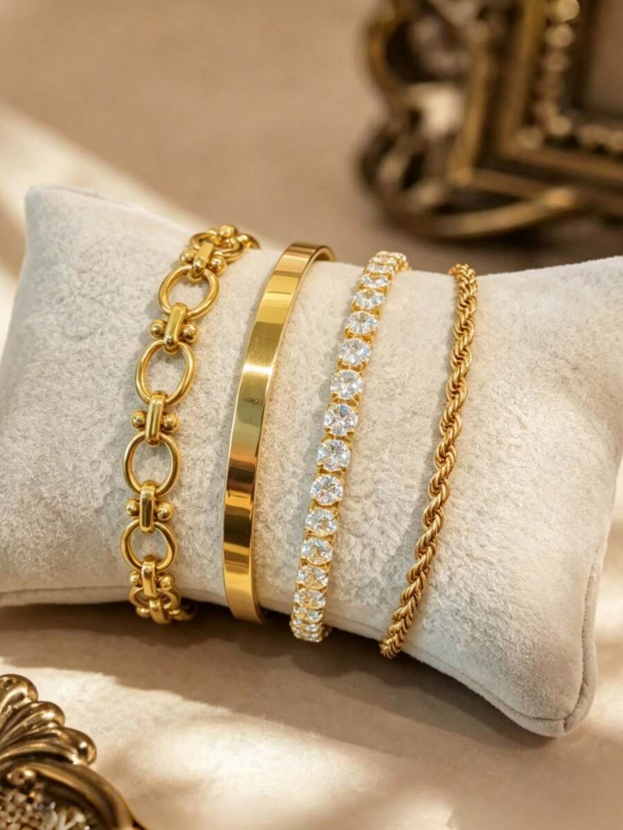 4pcs/1pc Gold Stackable Bracelet Set, Rhinestone Tennis And Twisted Rope Bracelets, Christmas Party & Daily Wear Jewelry - Gold - View 1