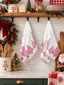 2pcs Set Christmas Kitchen Towels, Pink Watercolor Hand-Painted Christmas Tree, Yellow Star String Lights, Pink Plaid Winter Snowflake, Sweet Girly Style, Pastel Holiday Home Decor, Absorbent Hand Towels - Multicolor - View 5