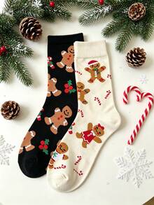 1/2 Pairs New Autumn/Winter Christmas Cute Gingerbread Man Candy Cane All-Over Print Mid-Calf Socks, Holiday Atmosphere Socks, Eye-Catching Socks For Daily Wear - Multicolor - View 15