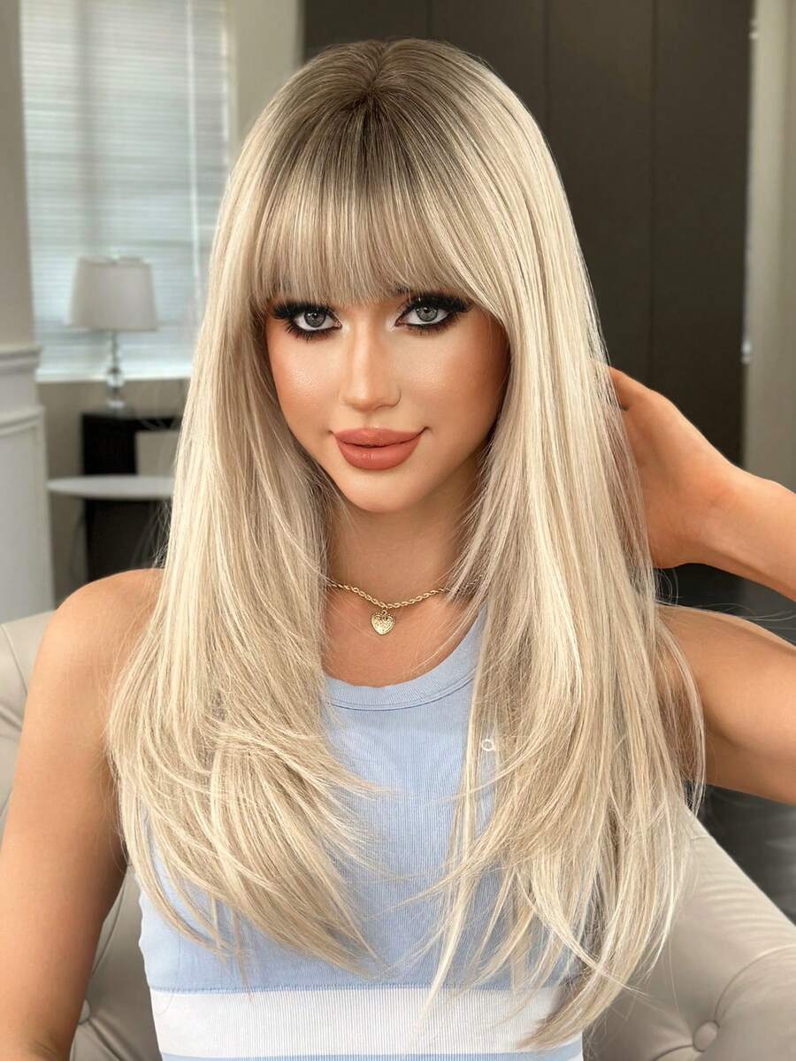 NAMM Ombre Blonde Wig With Bangs Long Layered Straight Hair Wigs For Women Natural Looking Synthetic Heat Resistant Fiber Wig For Daily Wear, Halloween Party Cosplay Use 24 Inc