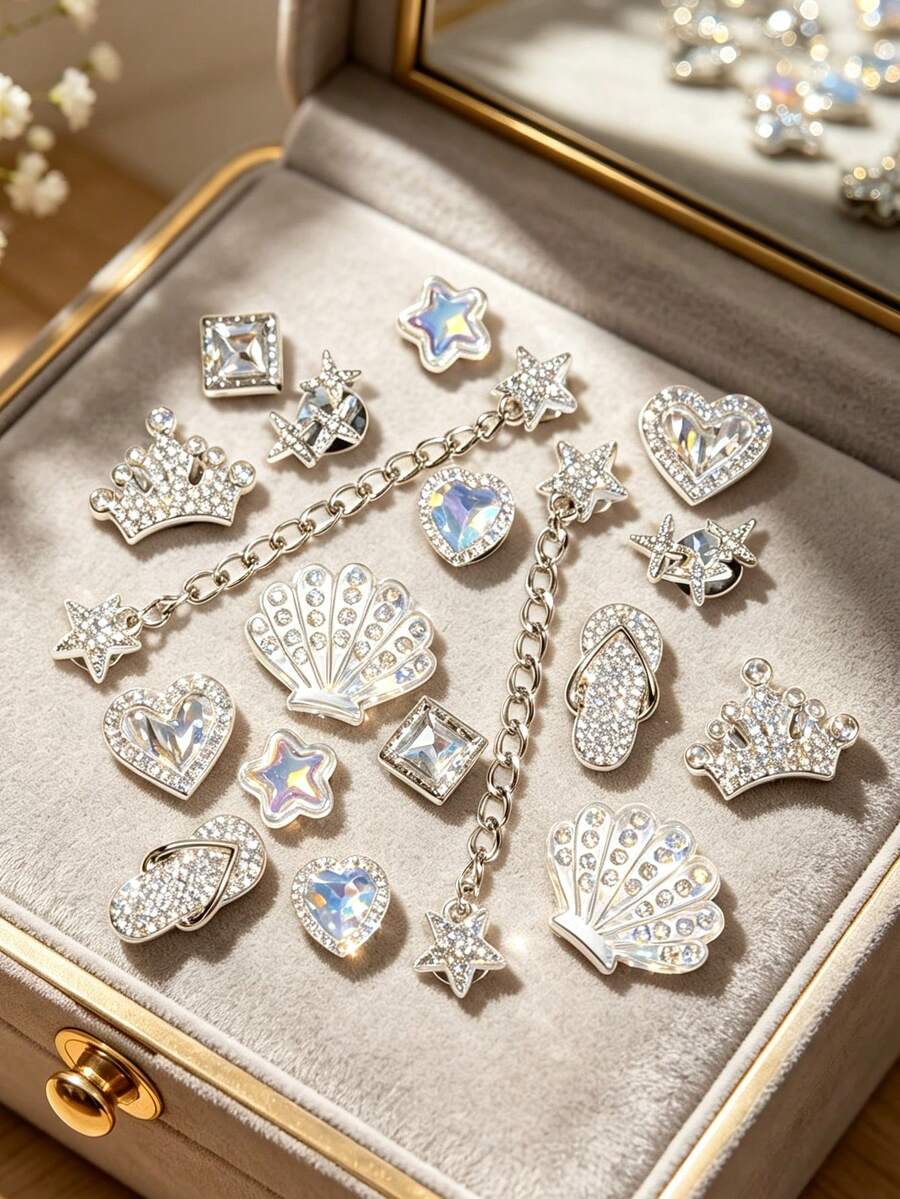 18pcs Cold Silver Iridescent Ocean Chain Shoe Charms, Crown, Shell, Heart, Star, Square Rhinestone Detachable DIY Accessories For Sandals, Slippers, Beach Bags, Holiday Gifts