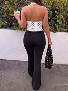 Women's Polka Dot Halter Neck Tank Top & High Waist Long Pants 2 Pieces Set - Black and White - View 2