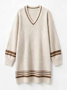 SEREN Women's V-Neck Knit Dress, Loose Casual Long Sleeve Pullover, Suitable For Autumn/Winter - Apricot - View 6