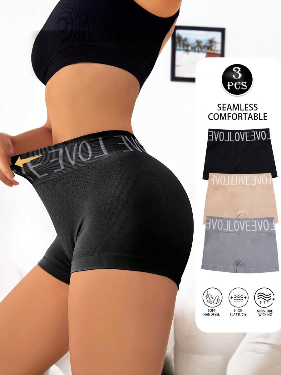 3pcs Women's High Waist Seamless Boxer Briefs LOVE Letter Print Soft Shaping Butt-Lifting Shorts