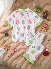 2pcs/Set Christmas Children's Short Sleeve Pajama Set, Flame Retardant Fabric, Cartoon Santa Claus Print Pattern, Green Ruffle Trim Design On Cuffs, Hem And Pockets, Lapel Short Sleeve Cardigan And Long Pants Set, Suitable For All Seasons, Home Wear, Comfortable And Loose, Girls Middle And Big Tween Girl - White - View 2