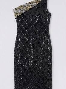 FEELAIR New One Shoulder Sleeveless Fitted Backless Heavy Sequin Long Dress, Suitable For Vacation, Party, Women's Formal Banquet, Slit Skirt - Black - View 8