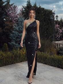 FEELAIR New One Shoulder Sleeveless Fitted Backless Heavy Sequin Long Dress, Suitable For Vacation, Party, Women's Formal Banquet, Slit Skirt - Black - View 5