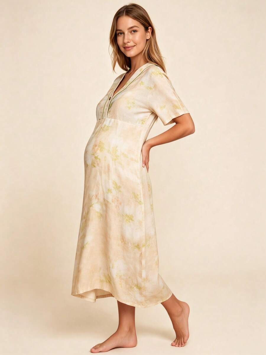 Hart & Haze 1pc Women V-Neck Comfortable Maternity Nightgown, Summer - Apricot - View 1