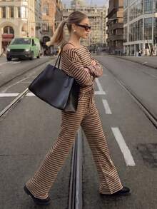 Women's Autumn/Winter Casual Commute Style Brown Striped Loose 2 Pieces Set, Outdoor, Sports, Back To School - Brown - View 2