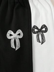 2pcs/Set Autumn/Winter Girls Fashion Casual Side Lace Trim Bow Print Wide Leg Long Pants - Black and White - View 8