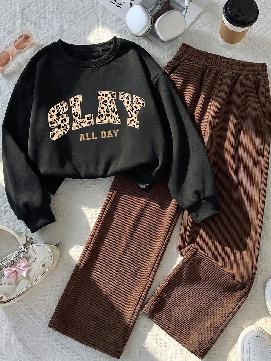 2pcs/Set Tween Girls Autumn/Winter Letter Print Crew Neck Sweatshirt + Corduroy Long Pants Retro Casual Daily Outing Children Sports Outfit - Brown - View 1