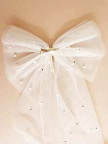 1pc Pearl Mesh Bow Veil, Bridal Headpiece For Wedding Registration And Photo Shoot, Hair Clip Accessory - Beige - View 4