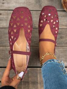 1 Pair Solid Color Sports Hook & Loop Women's Flat Shoes, Suitable For All Seasons And Holidays - Burgundy - View 1