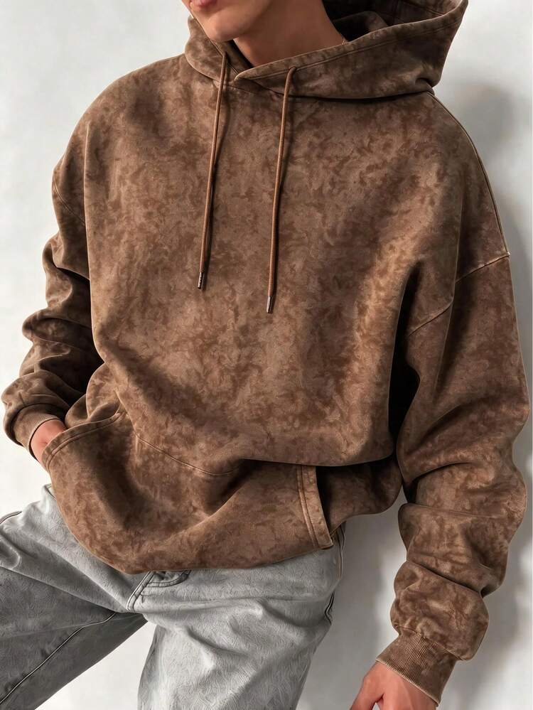 Men's Washed Vintage Leopard Print Hooded Sweatshirt, Long Sleeve Casual Loose Drawstring Pullover Hoodie - Brown - View 3