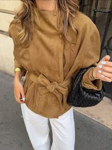 Women's Autumn/Winter Faux Suede Lace-Up Stand Collar Loose Jacket - Camel - View 9