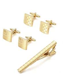 Men Cufflinks & Tie Clip Set, Square Checker Engraved Detail, Business Formal, Alloy Shirt Cuff Links Necktie Bar, All Season Groom Accessory - Gold - View 7