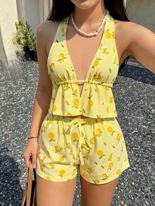 Women's Two-Piece Loungewear Pajama Set: Bright Yellow Striped Lemon Print Halter Neck Tie Top And Elastic Waist Drawstring Boxer Shorts. Fresh And Fun, Suitable For All Seasons, Perfect For Casual Wear At Home Or Outings. A Top Choice For Holiday Gifts. - Yellow - View 5