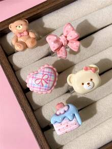 1/5pcs Heart Bear Bow Resin Rings, Pink & Chocolate Color Block Design, Suitable For Women, Holiday Gift, Daily Wear, Valentine's Day Friend Gift - Multicolor - View 4