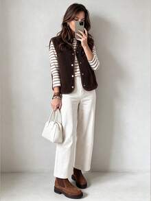 Autumn/Winter New Minimalist Single-Breasted Fleece Vest Casual Daily - Brown - View 4