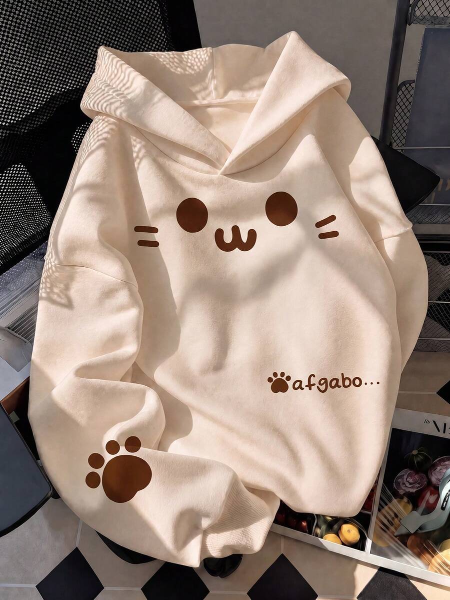 1pc Teen Girls Soft Cute Healing Style Cartoon Cat Smiling Face Pattern Loose Long Sleeve Pullover, Fun Cat Paw Print Comfortable Skin-Friendly Top, Casual Versatile Daily Outfit, Lazy Sweet Style Essential Item For Autumn Winter Early Spring - Apricot - View 1