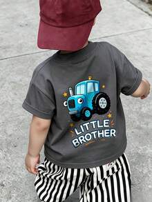 Baby Boy Playful Daily Wear T-Shirt, Loose Fit Short Sleeve Casual Top - Dark Grey - View 8