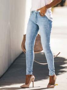 Women's Comfortable Stretchy Skinny Jeans, Distressed & Faded Design, Casual & Versatile For Commuting, All Season Spring Fall - Light Blue - View 3