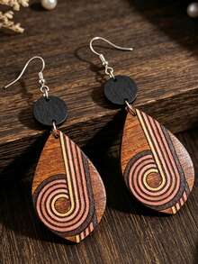 1 Pasang Anting-Anting Kayu Melengkung Geometris Pelangi Bergaya Vintage, Anting Gantung Bulat Motif Patchwork Bohemian. - Bentuk geometris - View 4