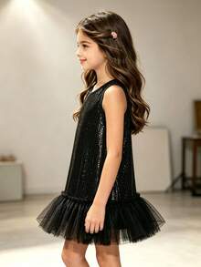 Girls Rainbow Sequin Tank Dress, Children's Summer Princess Gradient Color Party Dress - Black - View 2