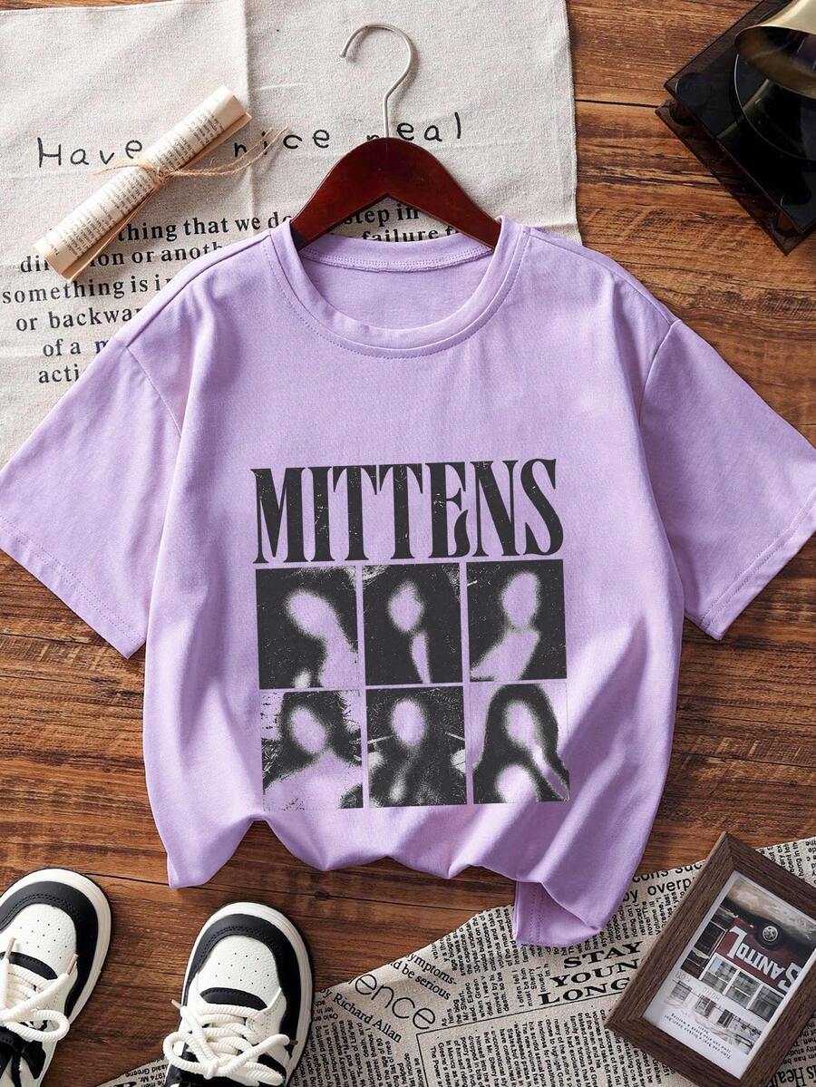 Tween Girl 1pc Printed Short Sleeve Pullover T-Shirt, Student Youth Tween Girl Clothing, Summer Gift For Children - Mauve Purple - View 1