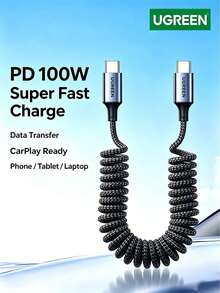 UGREEN L507 Car Retractable Spring Charging Cable PD100W Dual-Head Type-C Data Cable CarPlay Compatible With Huawei Honor Super Fast Charging Xiaomi Apple 17/16/15 Tablet - View 1