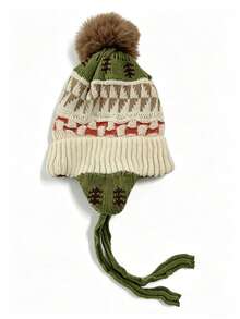 Mũ len trẻ em mùa đông bảo vệ tai, mũ beanie len họa tiết cây jacquard vintage unisex, mũ kéo đầu dày có quả bông pom pom - Nhiều màu - Xem 10