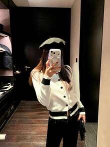 Design Hollow Knit Cardigan Black & White Color Block Elegant Short Sweater Jacket - White - View 5