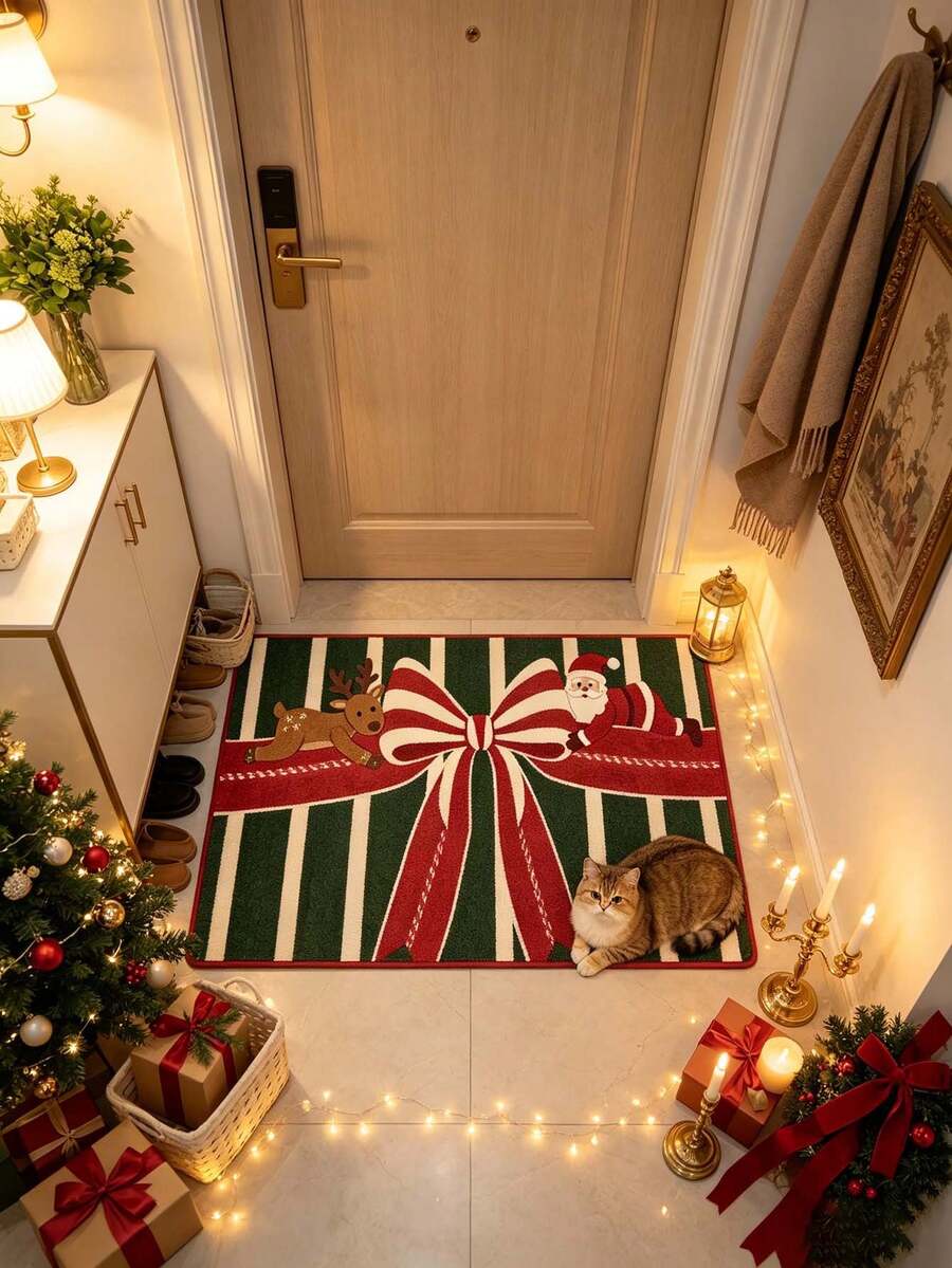 1pc Christmas Santa Reindeer Bow Doormat, Small Rug, Welcome Mat, Carpet, Floor Mat, Outdoor Doormat, Kitchen Rug, Home Decor, Front Door Mat, Area Rug, Outdoor Mat, Home Decor, Area Carpet, Garden Rug, Washable Carpet - Multicolor - View 1