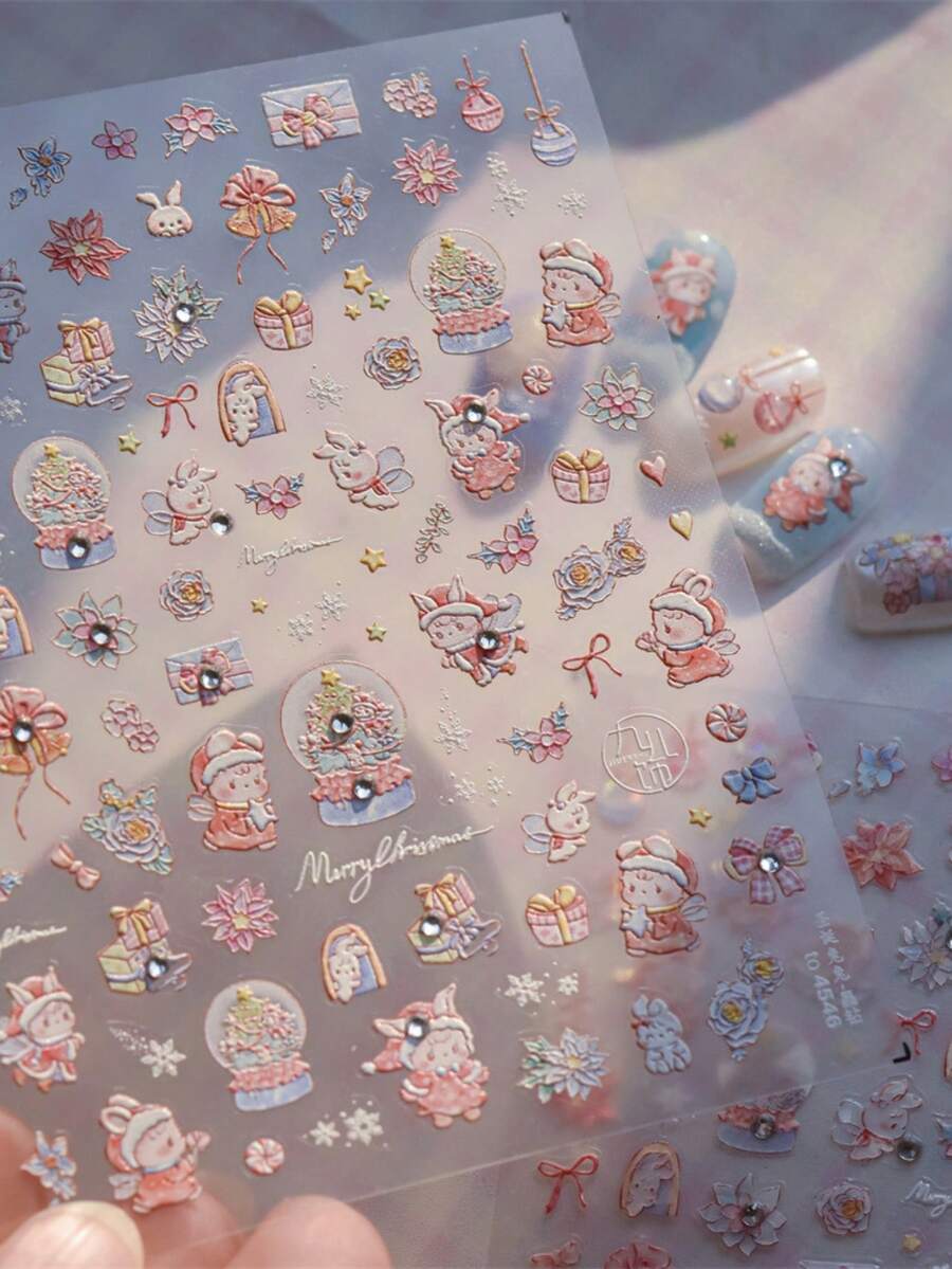 Miếng dán móng tay 5D Giáng Sinh, phong cách sang trọng dễ thương hình thỏ hoạt hình, ông già Noel, quả cầu tuyết, nơ quà tặng, hoa, bông tuyết đính đá, phụ kiện nghệ thuật móng tự dính, trang trí làm móng DIY cho mùa đông lễ hội - Nhiều màu - Xem 1