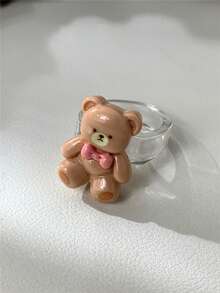 1/5pcs Heart Bear Bow Resin Rings, Pink & Chocolate Color Block Design, Suitable For Women, Holiday Gift, Daily Wear, Valentine's Day Friend Gift - Multicolor - View 12