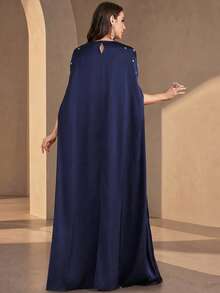 Women's Round Neck Rhinestone Decor Casual Summer Dress Elegant - Navy Blue - View 2