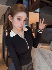 秋季韓系休閒甜美撞色 Polo 領針織毛衣 女款學院風修身顯瘦長袖上衣 溫柔優雅百搭內搭層 - 黑色 - 查看 2